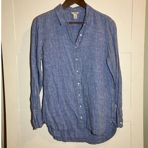 L.L. Bean Women's M Blue Linen Button Down Long Sleeve Casual Coastal Lagenlook